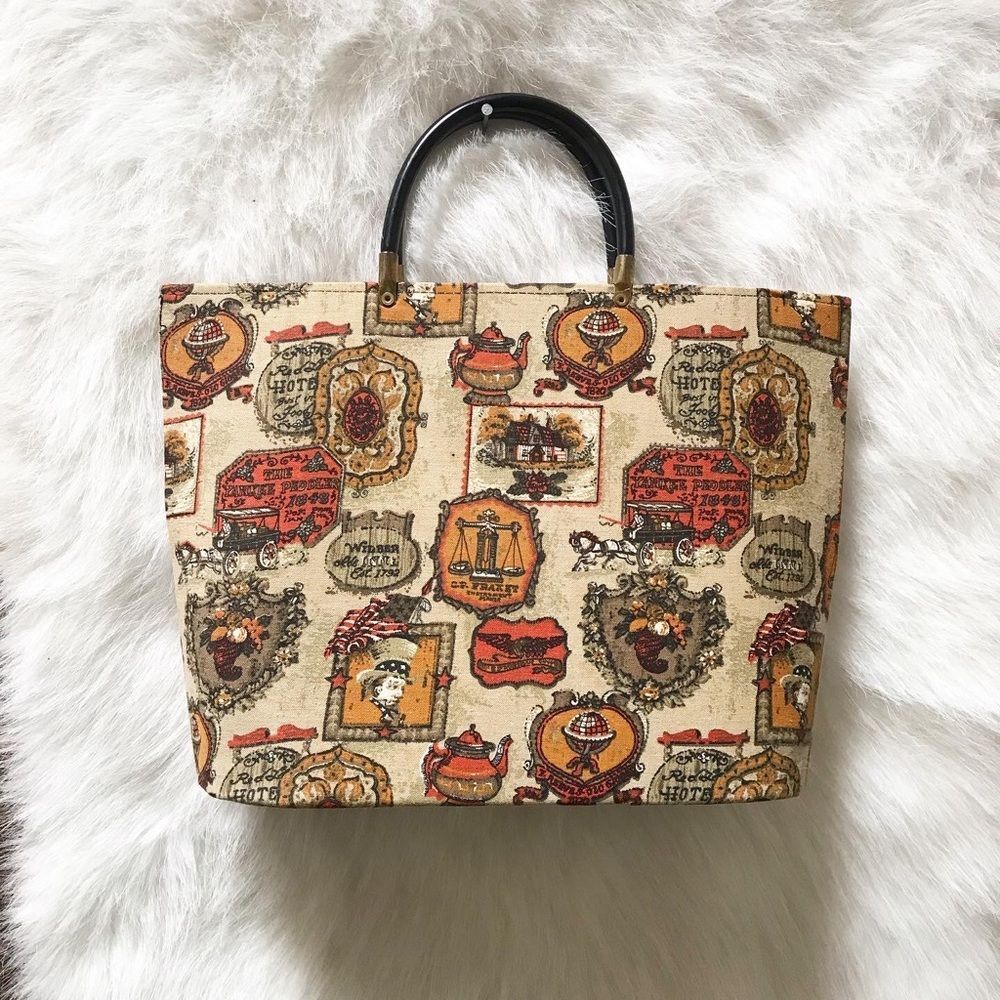 WILD WEST AMERICANA 1970’s 70s Vintage Stagecoach Novelty Print Tote Bag Purse